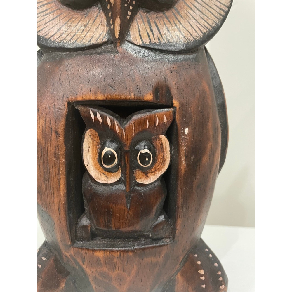 Vintage MCM Hand Carved Hand Painted Wooden Owl Sculpture With Baby Decorative - Picture 2 of 11